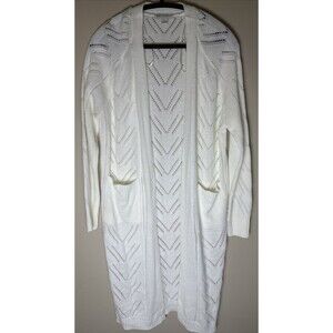 Cato Ivory Beige Open Front Long Sleeve Duster Cardigan Large Knit Front Pockets